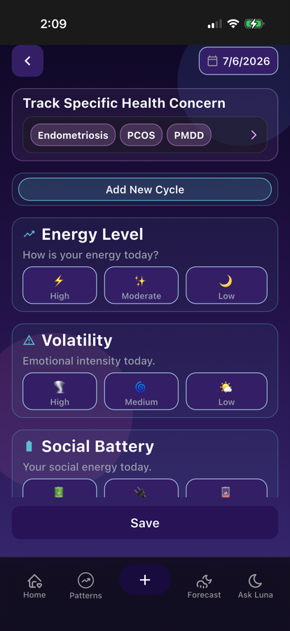 LunarWise app screen for AI Hormone Symptom Tracker for Women