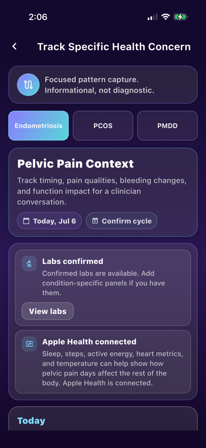 LunarWise app screen for Endometriosis Symptom Tracker App for Pain, Flares, Fatigue, and Doctor Reports