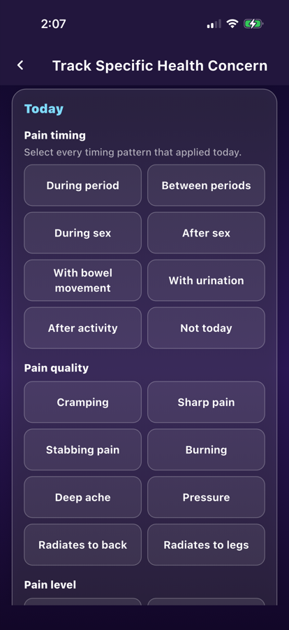 LunarWise endometriosis pain tracker screen showing pain timing and pain quality options.