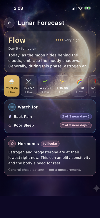 LunarWise app screen for Best AI Hormone Tracker Apps