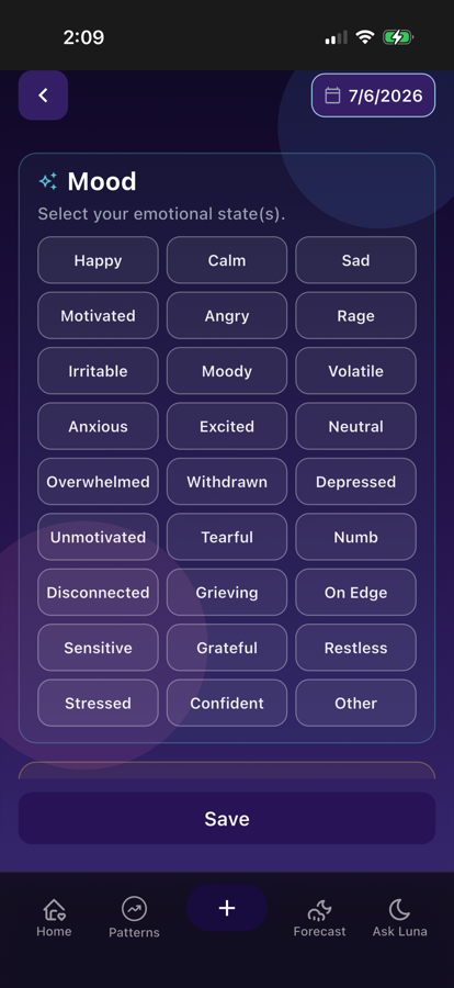 LunarWise mood log screen showing emotional states tracked for cycle-linked mood patterns.