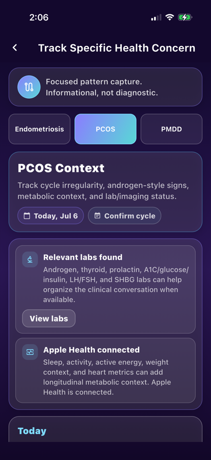 LunarWise app screen for PCOS Symptom Tracker App for Irregular Periods, Labs, and Doctor Reports