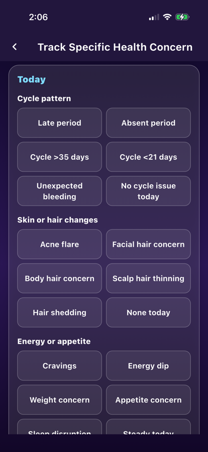 LunarWise PCOS symptom tracker screen showing cycle, skin, hair, energy, and appetite context.