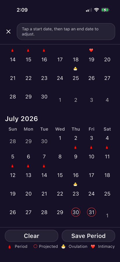 LunarWise period calendar screen showing period dates, projected cycle days, and ovulation context.