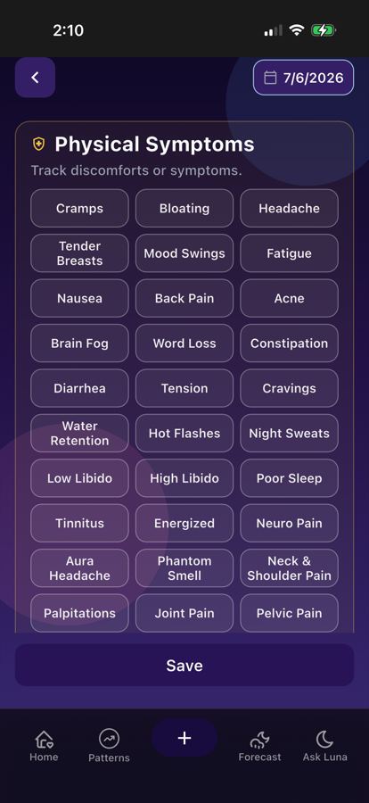 LunarWise physical symptoms screen showing hormone-related symptoms documented from daily logs.