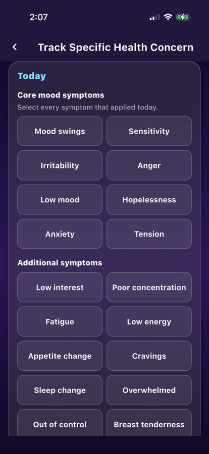 LunarWise PMDD mood symptom tracker screen showing cycle-linked mood symptoms.