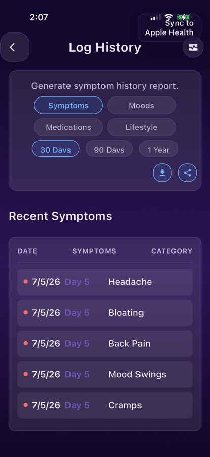 LunarWise app screen for Doctor Visit Report App for Hormone Symptoms