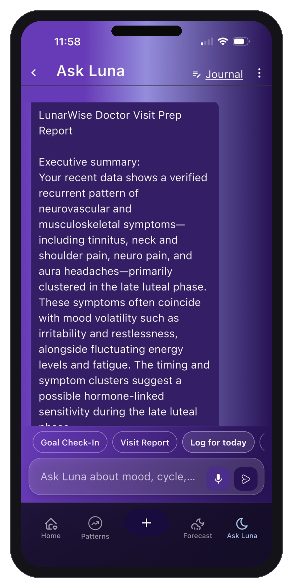 LunarWise Ask Luna doctor report mockup showing symptom context prepared for an appointment.
