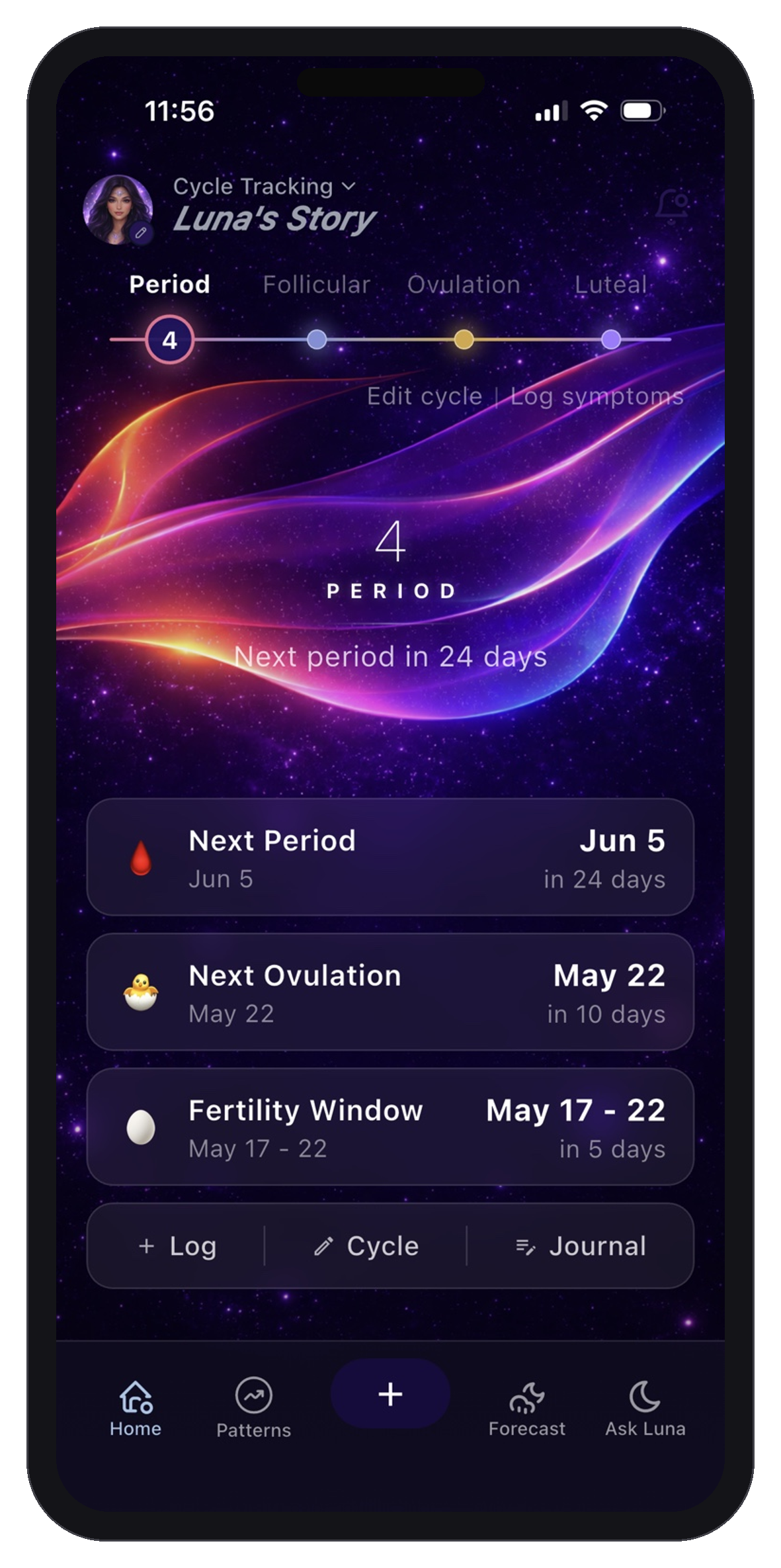 LunarWise home screen mockup showing cycle context and symptom tracking for doctor reports.
