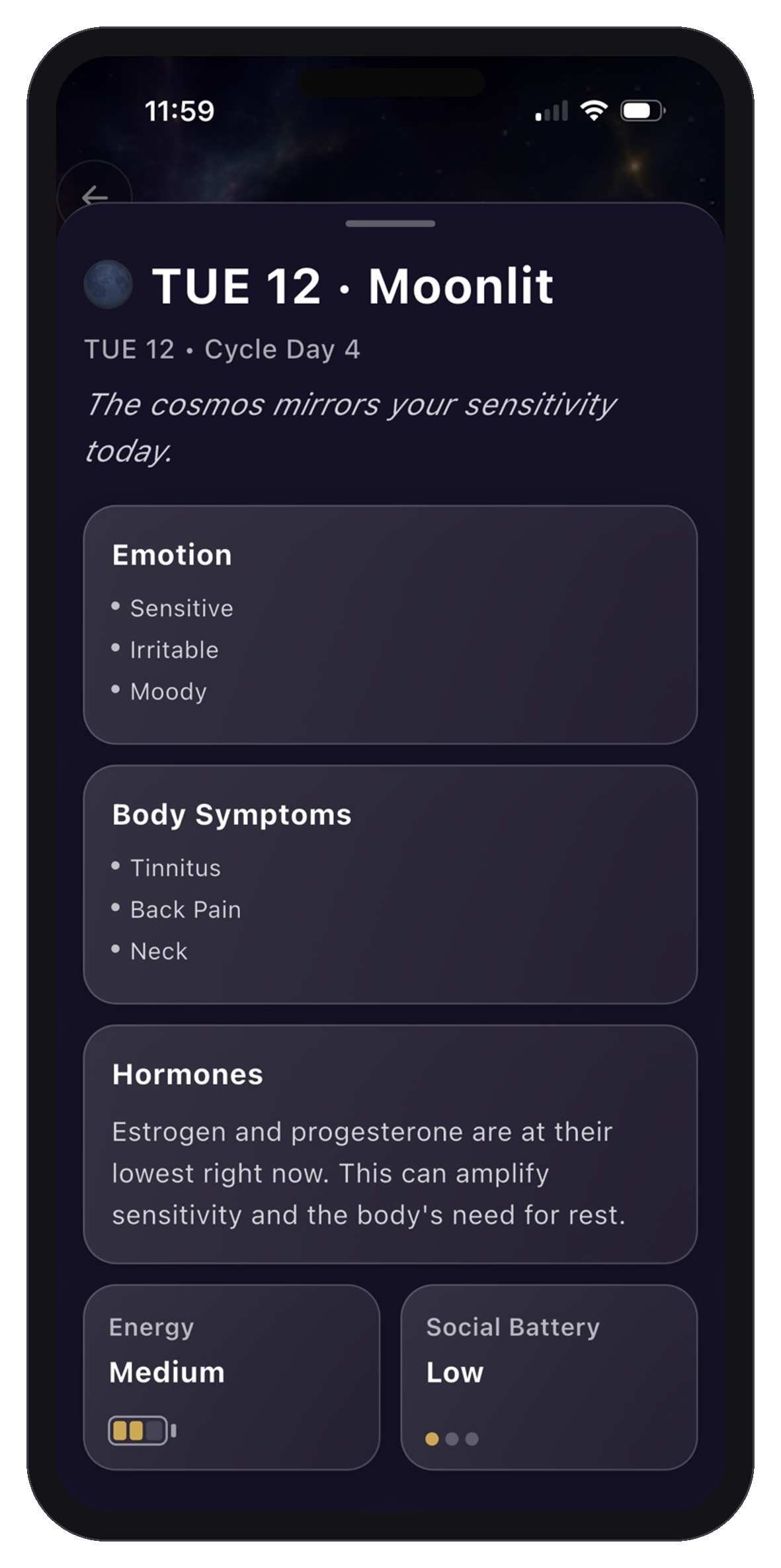 LunarWise daily insight mockup showing hormone mood context and personalized pattern guidance.