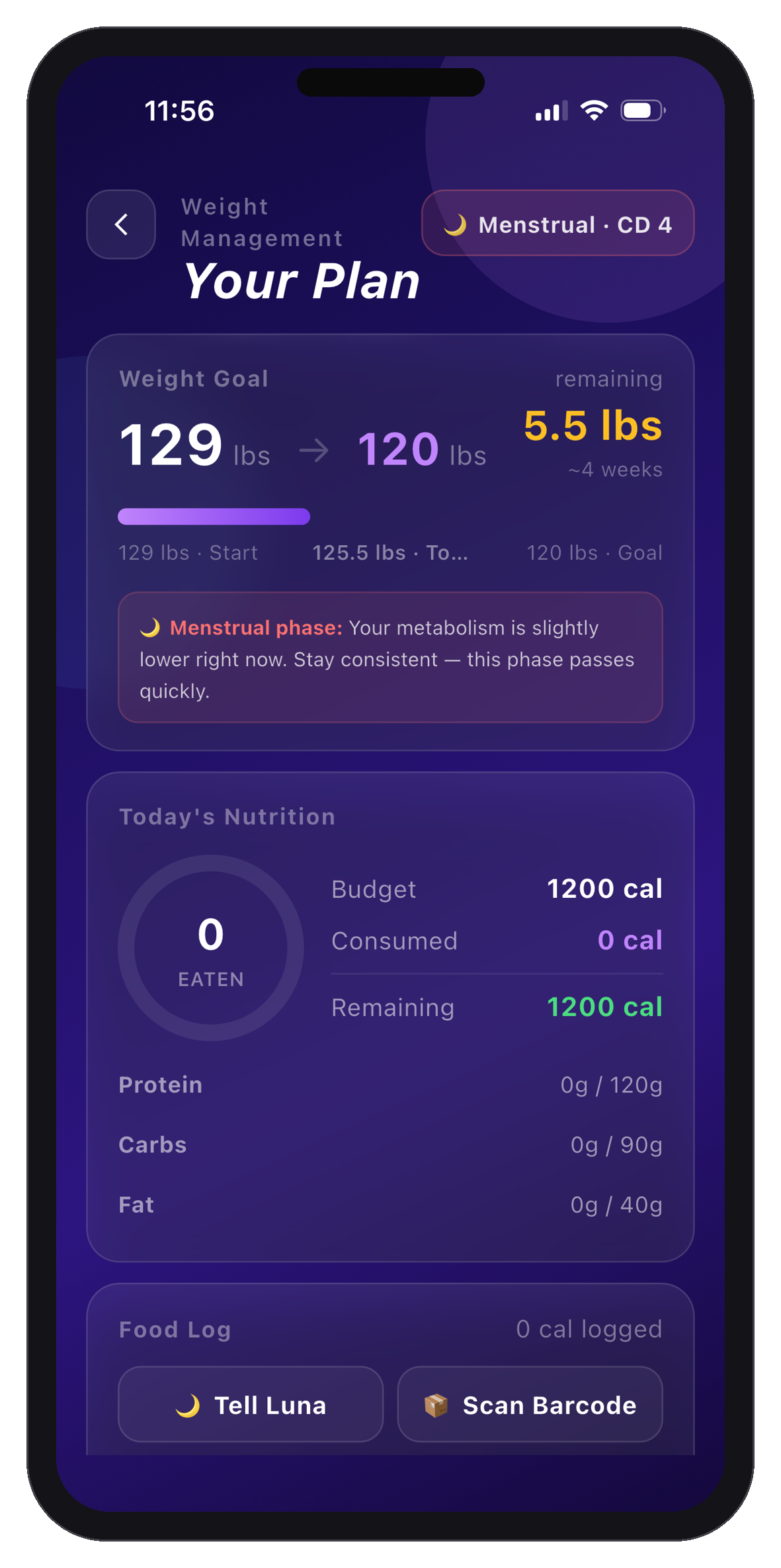 LunarWise health tracking mockup representing metabolic context alongside PCOS symptom tracking.